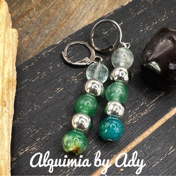Green and Silver Beaded Earrings fluorite agate aventurine - Picture 1 of 1